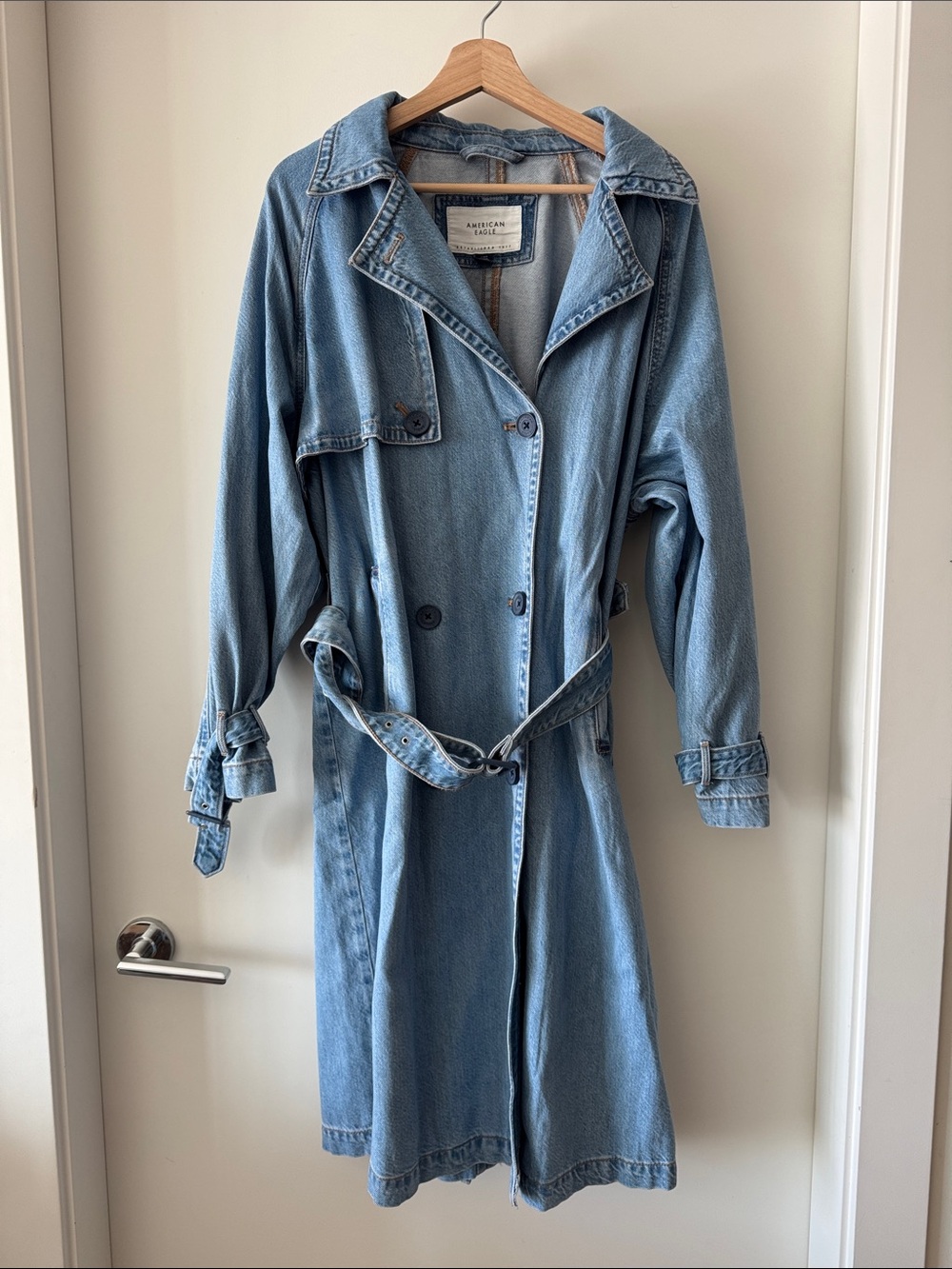 American Eagle Oversized Denim Trench Coat Belted Duster Jacket Large